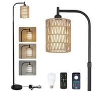 Rayofly Lampada da Terra Dimmerabile da Soggiorno, Lampada da Terra in Rattan con Telecomando, Controllo Tramite App, Lampada da Terra Boho con Paralume in Rattan e Lino, Regolabile in Altezza