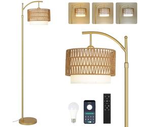 Rayofly Lampada da Terra Dimmerabile Oro Soggiorno, Lampada da Terra in Rattan con Telecomando, App di controllo, Lampada da Pavimento Boho con Lampadina LED per Camera da Letto, Ufficio
