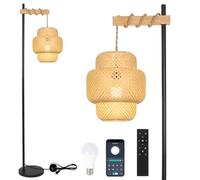 Rayofly Lampada da Terra Dimmerabile Soggiorno, Lampada da Pavimento in Bambù con Telecomando e Lampadina, Controllo App, Lampada da Pavimento Boho con Paralume in Bambù, Lampada ad Arco in Legno