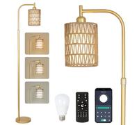 Rayofly Lampada da Terra Dimmerabile Soggiorno, Lampada da Terra in Rattan Oro con Telecomando, Controllo App, Lampada da Terra Boho con Paralume in Rattan e Lino, Lampada da Terra per Camera da Letto