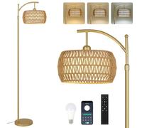 Rayofly Lampada da Terra Dorata da Soggiorno, Lampada da Terra in Rattan Dimmerabile con Telecomando, App di Controllo, Lampada da Pavimento Boho con Paralume in Rattan per Camera da Letto, Ufficio