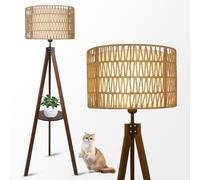 Rayofly lampada da terra in legno per soggiorno, lampada da terra in rattan con mensola e treppiede, lampada da terra boho con paralume in rattan e lino, lampada da terra vintage per camera da letto
