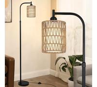 Rayofly Lampada da Terra in Rattan per Soggiorno, Lampada da Terra Boho con Paralumi in Rattan e Lino, Lampada da Terra Vintage con Interruttore a Pedale, Lampada da Terra Nera per Camera da Letto