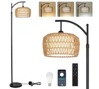 Rayofly Lampada da Terra in Rattan Soggiorno, Lampada da Terra Dimmerabile con Telecomando, App di Controllo, Lampada da Pavimento Boho con Paralume in Rattan e Lampadina, Lampada da Pavimento Nera
