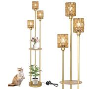 Rayofly Lampada da Terra Oro Soggiorno, Lampada da Terra a 3 Luci in Rattan con Mensola, Lampada da Terra Moderna con Paralume in Rattan e Interruttore a Pedale, Lampada da Pavimento Boho per Ufficio