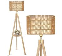 Rayofly Lampada da Terra Soggiorno, Lampada da Terra in Legno con Mensola, Lampada da Terra Vintage con Paralume in Rattan e Lino, Lampada da Terra in Rattan con Treppiede per Camera da Letto, Ufficio