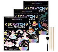 Rayong Set di 3 immagini grattacieli per bambini, 18,5 x 13,5 cm, magica arcobaleno, carta antigraffio Magic Scratch Book, set con gradiente colorato e pennarello, unicorno, piccola fata, mondo