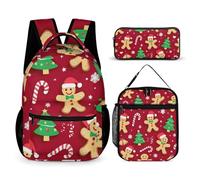 rayprint Set di zaini rossi a tema pan di zenzero natalizio con portapranzo e trousse per cosmetici, zaino da viaggio per laptop, zaino casual da giorno