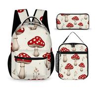 rayprint Set di zaino con motivo floreale e funghi rossi, porta pranzo e trousse per cosmetici e trucchi.