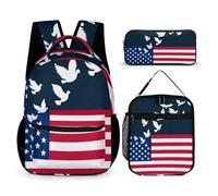 rayprint Set di zaino e borsa per libri con bandiera americana e piccione viaggiatore, borse per il pranzo e trousse per il trucco con tracolla