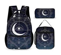 rayprint Set zaino con simbolo geometrico sacro, viola, spazio, galassia, stelle, sole e luna mistici, con borse per il pranzo e trucchi.