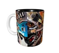 rayprint Tazza da caffè magica con chitarra elettrica e musica, 325 ml, in ceramica, per ufficio e casa, con tazza per acqua e tè all'interno, colore nero.