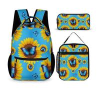rayprint Zaino con borsa per il pranzo e set di borse porta libri con farfalle monarca e girasoli blu