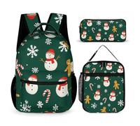 rayprint Zaino con borsa per il pranzo e set di borse porta libri con pupazzo di neve di pan di zenzero natalizio, scatola per il pranzo verde
