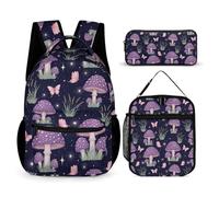 rayprint Zaino con borsa porta pranzo, set di borse per libri con farfalle, funghi viola e astuccio per cosmetici