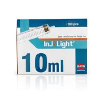 Rays - Siringhe Monouso da 10 ml a Tre Corpi con Cono Luer Centrale Senza Ago di Inj/Light - Siringa - Confezione da 100 Unità, Sterilizzate con Ossido di Etileno, Senza Lattice