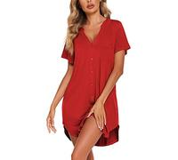 Rayson Camicia da Notte Donna Pigiama Vestito Bottone Scollo a V Manica Corta Pigiameria Vestaglia Casual da casa Allentata e Confortevole Lingerie Abiti(Rosso,M)