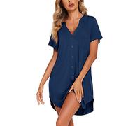 Rayson Camicia da Notte Donna Pigiama Vestito Bottone Scollo a V Manica Corta Pigiameria Vestaglia Casual da casa Allentata e Confortevole Lingerie Abiti(Blu,L)