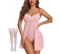 Rayson Lingerie Donna Pizzo Calza Set Completi Intimi Pigiama Lingerie Scollo a V Babydoll Perizoma Sleepwear Nightwear Set(Rosa)