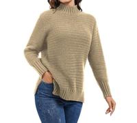 Rayson Maglione Donna Invernale Caldo Sciolta Pullover in Maglia Elegante Maglione a Girocollo con Spacco Laterale(Khaki,S)