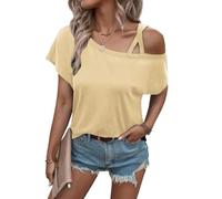 Rayson T-Shirt Top e Bluse da Donna Maglietta Monospalla a Maniche Corte Estate Casual Camicia orta da Donna Collo Rotondo Pull-Over Beige,M