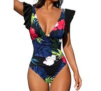 Rayson Traje de baño de Una Costumi da Bagno Interi per Donna Scollo a V Volant Controllo della Pancia Monokini Imbottito Push Up Bikini Ruffles Flounce Costumi da Bagno Due Pezzi(Foglia,Large)