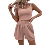 Rayson Tuta Completo Donna Estiva Corto Tinta Unita a Coste 2 Pezzi Canottiere Senza Maniche e Pantaloncini Vita Alta(Rosa,XL)