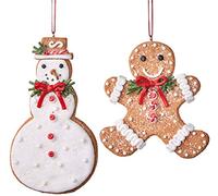 RAZ Imports Set di 2 Decorazioni Addobbi Albero di Natale Ornamenti con Pan di Zenzero e Pupazzo di Neve