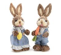 RAZURE Set di 2 statuette di coniglietto pasquale in piedi, graziose statue rustiche in paglia intrecciata, decorazione da scrivania per Pasqua, casa, ufficio, vacanze (23,6 cm)