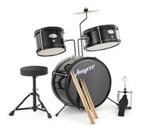 RBFGYIOP Set Batteria Bambini 3 Pezzi - Kit Principianti con Grancassa, 2 Tom, Piatti, Pedale, Sgabello, Bacchette - Strumento Musicale Educativo per Jazz e Rock - Materiale Legno/Metallo - Nero