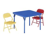 RBFGYIOP Set pieghevole 3 pezzi per bambini - Tavolo con sedia rossano e sedia gialla, struttura in metallo e imbottitura morbida, ideale per cameretta, asilo, attività - Tavolo blu + sedia rossano +