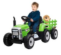 RBFGYIOP Trattore elettrico per bambini 12V con rimorchio - 2 modalità di guida, luci LED, telecomando 2,4G, senza fili, MP3/USB, partenza soft - Da 3 anni - Colore verde