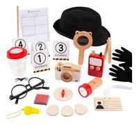 RCGOFOLLOW Costume da detective per bambini, finto, con lente d'ingrandimento e accessori, include quaderno, matita e macchina fotografica, con divertenti abiti per attività all'aperto, campeggio e