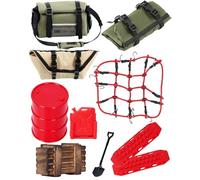 RCHuiWow RC Aggiornamenti Parte Axial SCX24 1/18 Trx4m, Bagagli, Sacco a pelo, Bagagli, Pacchetto decorativo, Scatola di legno, Serbatoi di carburante, Scala di sabbia, Tamburo dell'olio, Pala, Rosso