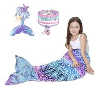 RDDAIPE Coperta a Coda di Sirena, 140*60cm Coperta a Forma di Coda di Sirena per Bambini con Braccialetto a Forcina Paillettes, Coperta Sirena di Flanella Indossabile, Regalo per Ragazze,Viola e Blu