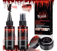 RDDAIPE Sangue artificiale per Halloween, set da 3 pezzi: 50 ml, spray per sangue artificiale gocciolante + 50 ml, plasma sanguigno cagliato da 30 ml, sangue artificiale, lavabile, realistico, sicuro