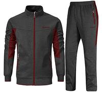 Rdruko Set di tute da uomo a contrasto con cerniera intera giacca sportiva casual joggers coulisse vita elasticizzata 2 pezzi con tasche con cerniera, Vino Rosso e Grigio Scuro, L