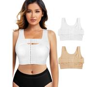 RDSIANE Reggiseno post-operatorio con chiusura frontale da donna, correttore posturale, a compressione, con fascia di supporto per il seno.., Bianco/Beige 2 pezzi, M