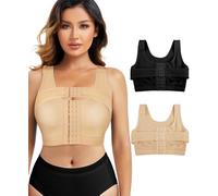 RDSIANE Reggiseno post-operatorio con chiusura frontale da donna, correttore posturale, a compressione, con fascia di supporto per il seno, Nero/Beige 2 pezzi, S