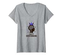 Re del Pensiero eccessivo: Witty Brain Crown Maglietta con Collo a V, Donna, Grigio Melange, XXL