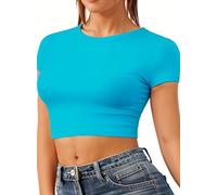 Re Tech UK - Crop Top Maniche Corte - Scollo stondato - Donna - S/M (EU 36-38) - Turchese