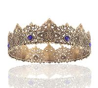 Re Uomini Oro Tiara Corona Imperiale Medievale Fascia di cristallo Costumi di corteo per matrimonio Halloween Faire Compleanno (oro scuro con pietra blu)