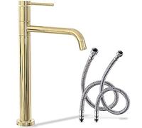 Rea - Lugano Slim Gold Rubinetto Lavabo Alto Miscelatore Da Bagno In Ottone Monocomando Rubinetto Lavamani Regolabile Caldo E Freddo (Oro Chiaro) 23x5x34cm