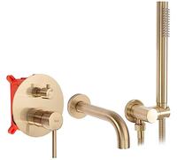 Rea - Lungo Gold Brush Rubinetto Vasca Da Incasso + Box Miscelatore Vasca Con Doccetta In Ottone Per Bagno Caldo E Freddo Orientabile (Oro Spazzolato) 16x16x16cm