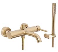 Rea RUBINETTO VASCA Lungo Brush Gold Miscelatore Vasca con Doccetta in Ottone per Bagno Caldo e Freddo Regolabile (Oro Spazzolato)