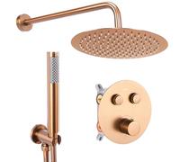 Rea - Set Doccia Da Incasso Lungo Copper Brush + Box Con Termostato Sistema Doccia In Ottone Per Bagno (Rame Spazzolato) 36,5x17x25cm