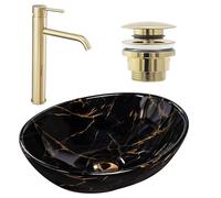 Rea Set Lavabo da appoggio in marmo nero Sofia + Rubinetto lavabo Lungo oro + Piletta oro, Ideale come lavabo o lavabo per wc, Design unico