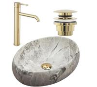 Rea Set Lavabo da Appoggio in Pietra Linda + Rubinetto per Lavabo Lungo Gold + Piletta Gold, Ideale Come Lavabo o Lavamani per WC, Design Unico