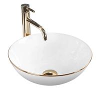 Rea - Lavabo Da Appoggio Stella White Gold Edge Lavandino Bagno 360 X 360 X 150 mm In Ceramica (Bianco)