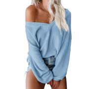 ReachMe Maglia da donna oversize con spalle scoperte a maniche lunghe a nido d'ape, 00 Blu, S